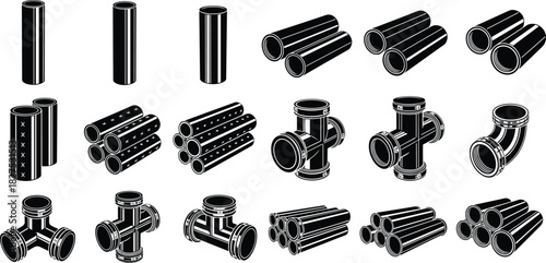 Collection of black and white pipe fittings and pipes in various configurations plumbing