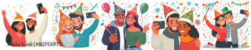 vector of couple taking selfies together celebrating the new year