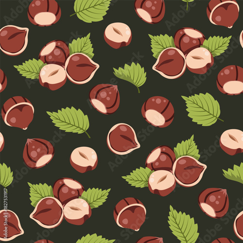 Hazelnuts with Leaves Seamless Pattern Flat Vector. Forest Nut Texture for Food Packaging, Cafe Branding, Menu Design. Repeat Background for Wallpaper, Textile, Wrapping Paper. Natural Autumn Style