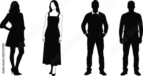 Four black silhouette figures of men and women standing against a white background