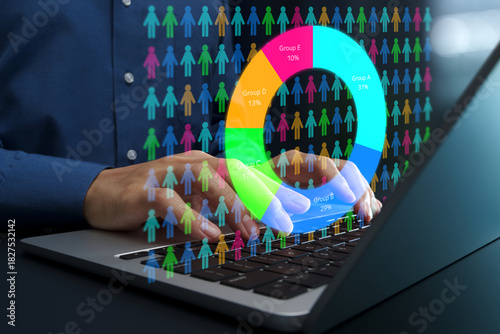 Demographic analysis. Market segmentation and target audience analytics. Businessperson using laptop computer to analyze statistical data.