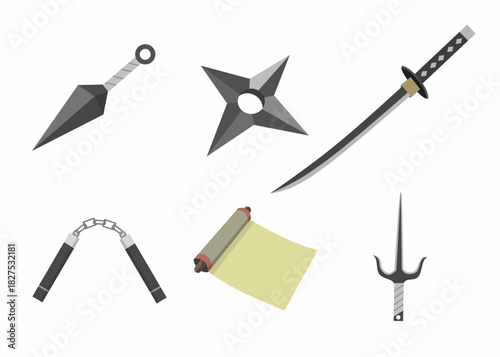 A set of ninja weapon illustrations including kunai, shuriken, katana, nunchaku, sai, and scroll. Ideal for martial arts themes, gaming assets, and Japanese culture