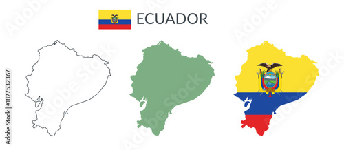 Ecuador geographical borders isolated on white background. Flag of Ecuador. Vector flat cliparts.