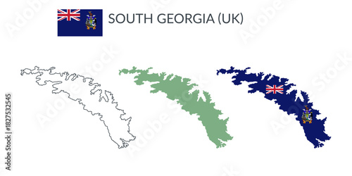 South Georgia geographical borders isolated on white background. Flag of South Georgia. Vector flat cliparts.