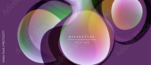 Abstract fluid shapes overlap, creating vibrant color gradients. Purple background enhances visual depth, modern design aesthetic.