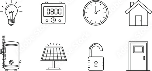 Set of eight black outline icons for smart home technology and utilities utility