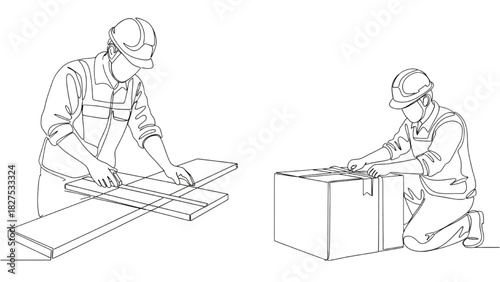 Continuous Line Art Worker Measuring Wood and Securing Box – Minimalist Black One-Line Illustration