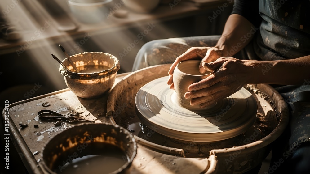 Fototapeta premium Hands shape clay on a spinning pottery wheel in a sunlit workshop.