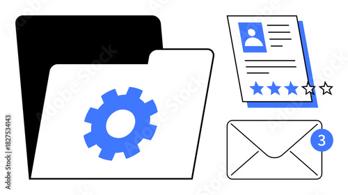 Folder with gear icon, resume with rating stars, and mail with notification. Ideal for recruitment, job applications, HR tools, workflow optimization, professional feedback hiring messaging. Simple