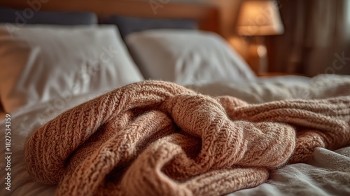 Cozy knit blanket draped over a neatly made bed in a warm room with soft lighting