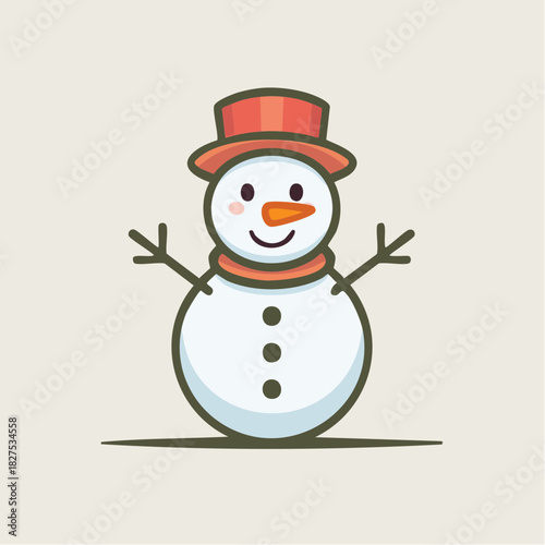 A charming and friendly cartoon snowman illustration wearing a red top hat, a cheerful mascot for winter holidays and Christmas celebrations