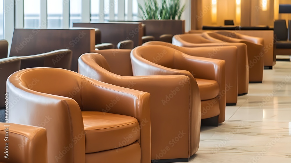 Fototapeta premium Row of empty tan leather armchairs in a modern lounge area