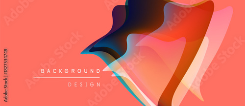 Abstract fluid shapes overlap coral background. Modern design elements create dynamic visual impact. Minimalist text complements composition.