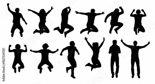 Silhouettes of people jumping in the air, celebrating and expressing joy.
