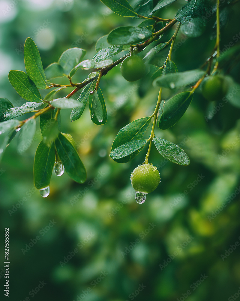 Fototapeta premium AI generator image of green leaf with water drops on it. Rambutan, Fresh green walnuton branch with dew drops in sunlit orchard scene. Close-up of feijoa berries on a branch, surrounded by glossy