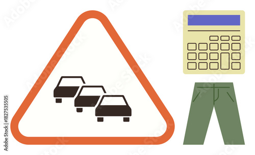 Traffic warning triangle with cars, a digital calculator, and green pants. Ideal for caution, calculation, fashion, road safety, planning multitasking minimalistic representation. Simple flat