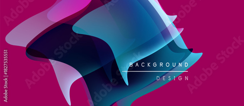 Abstract shapes overlap, creating vibrant color gradients. Pink background complements blue, purple hues. Text reads background design.