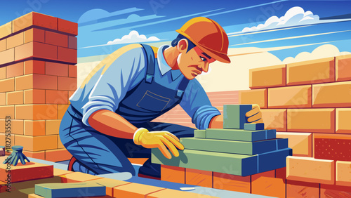 Very beautiful close-up construction scene featuring an industrial bricklayer installing bricks with precision, showcasing skilled workmanship, clean lines, and detailed masonry texture in a professio
