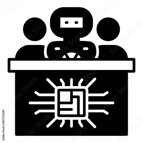 AI Judging Panel or Arbitration Group Glyph Icon. Three People Behind a Bench Featuring an AI Processor Chip, Representing Technology in Legal Decision-Making, Courts, and Expert Review