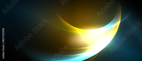 Abstract design features curved lines, vibrant colors. Golden hues blend with blues, creating luminous effect. Smooth gradients dominate composition.