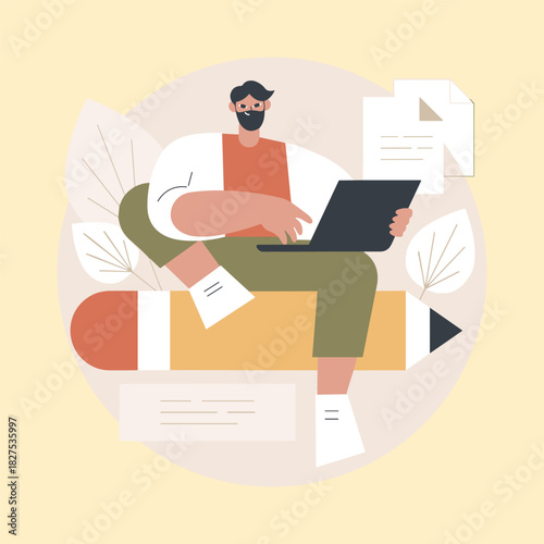 Man working on laptop while sitting on a giant pencil