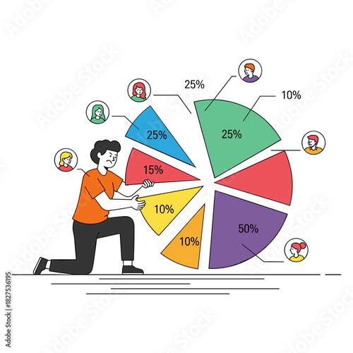 Person placing a slice into a colorful pie chart representing data analysis