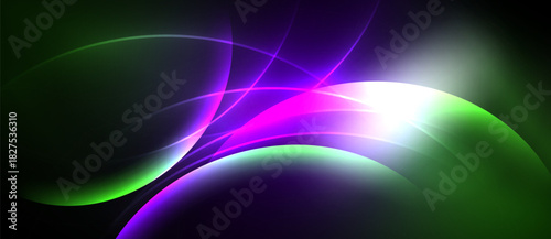 Abstract design features vibrant curves, glowing light. Purple, green hues dominate dark background. Dynamic energy radiates from central point.