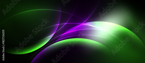 Abstract design features flowing curves, vibrant green, purple hues. Light source creates bright focal point, dark background.