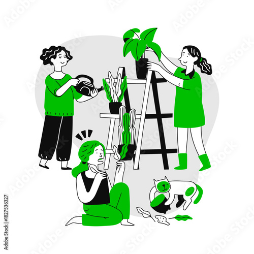 Children tending to houseplants and gardening together indoors