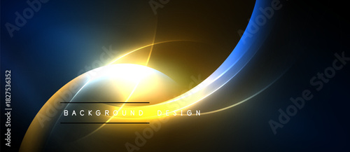 Abstract design features flowing lines, bright colors, golden glow. Modern background with dynamic curves, sleek presentation.