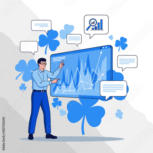 Man presenting financial data on a screen surrounded by shamrocks