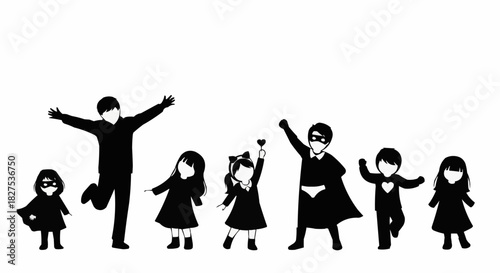 Diverse group of children dressed as superheroes striking dynamic poses.