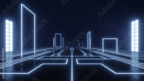 Fototapeta Naklejka Na Ścianę i Meble -  Futuristic cyberspace with neon light, Abstract architecture with empty dark space, Sci-fi tunnel scene, 3d rendering