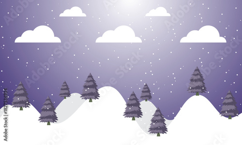Winter Wonderland Snowy Landscape with Trees and Clouds, Serene Nature Scene with Peaceful and Cold Weather Feel
