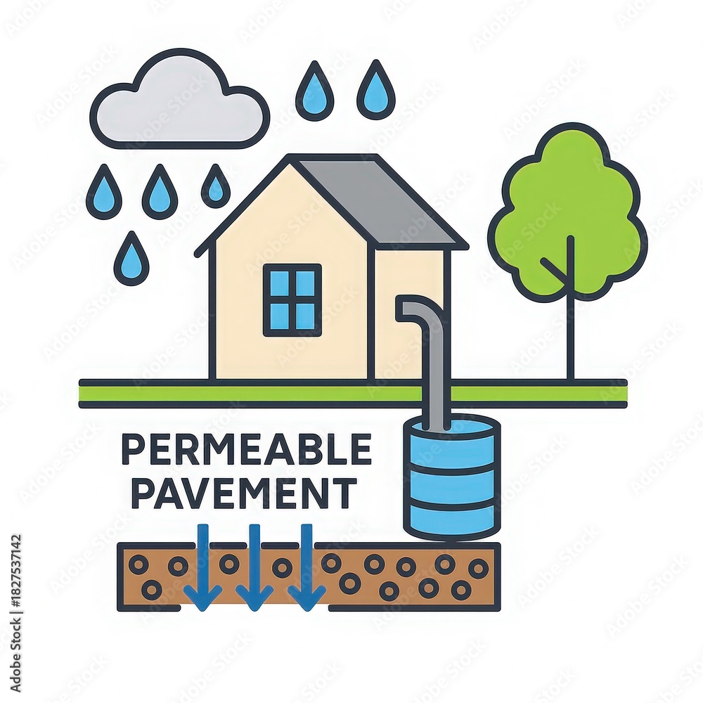 Obraz premium Home rainwater collection with permeable pavement infiltration