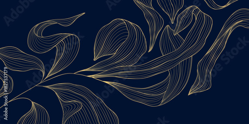Vector luxury flower pattern, gold floral line art, elegant art deco, Japanese details, abstract background rich vintage charm. Premium leaves plant illustration. Nature ornament