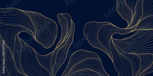 Vector luxury flower pattern, gold floral line art, elegant art deco, Japanese details, abstract background rich vintage charm. Premium leaves plant illustration. Nature ornament