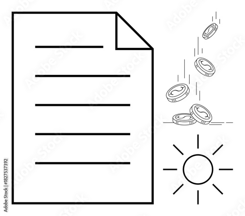 Document near falling coins signifying profit or income, with sun portraying prosperity. Ideal for finance, economy, business growth, investment, wealth, accounting and success. Simple flat metaphor