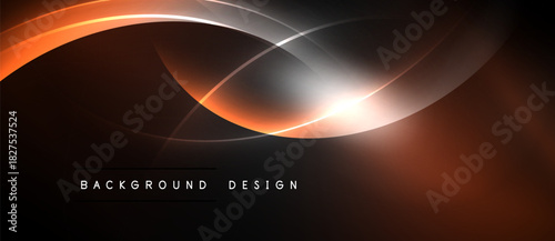 Abstract design features flowing orange lines, bright center glow. Dark background creates dramatic visual impact. Modern, sleek aesthetic.