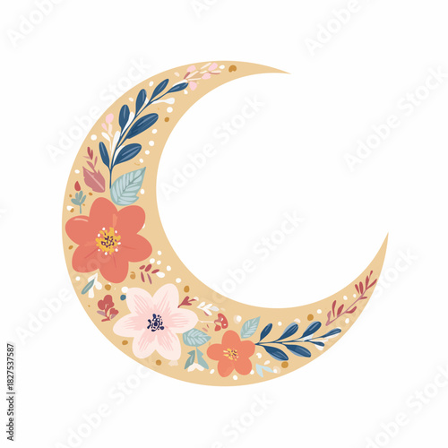 Vector floral crescent moon. Decorative illustration in boho style, for Ramadan Kareem concept. Colorful vector illustration