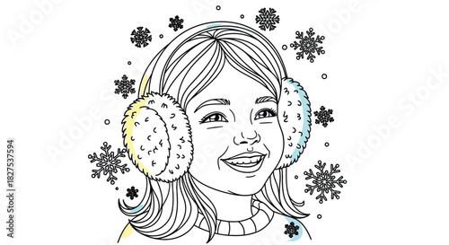 Smiling young girl wearing fluffy earmuffs and a sweater, surrounded by falling snowflakes