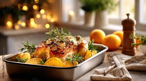 Roasted whole chicken serving on a festive table