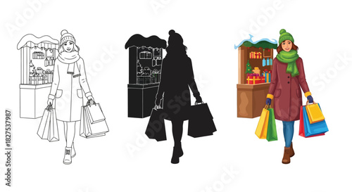 Female shopper in winter coat and hat holding bags, shown as line art, silhouette and colorful cartoon