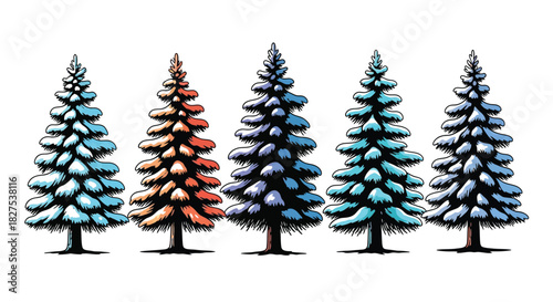 A row of five colorful stylized christmas trees, each with unique hues, standing tall and festive