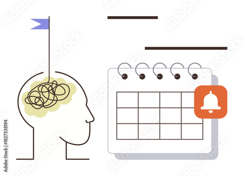 Human head with tangled thoughts beside a spiral-bound calendar featuring a reminder bell. Ideal for productivity, time management, planning, mental health, focus, goals, teamwork. Simple flat
