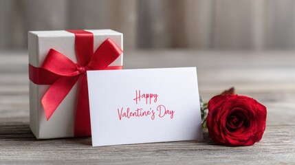 Valentine's Day gift box with red ribbon, card, and red rose on a wooden table