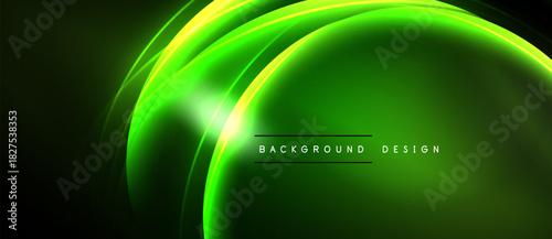 Abstract green neon lines create dynamic curves. Dark background emphasizes bright glowing shapes, modern design element.