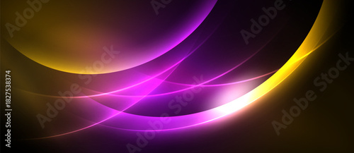 Abstract flowing lines, vibrant colors blend. Gold, purple, white illuminate dark background. Smooth curves create dynamic visual effect.