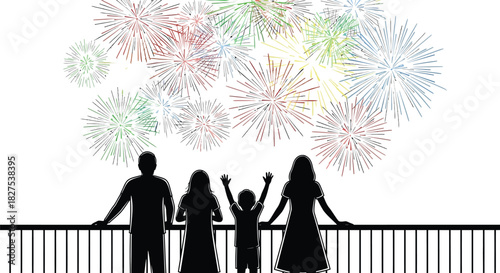 Family silhouettes watching a vibrant fireworks display, celebrating a festive event