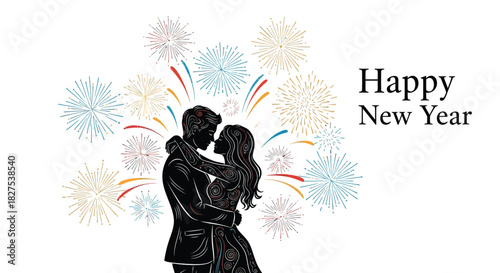 Romantic couple embracing and kissing under colorful fireworks, celebrating happy new year